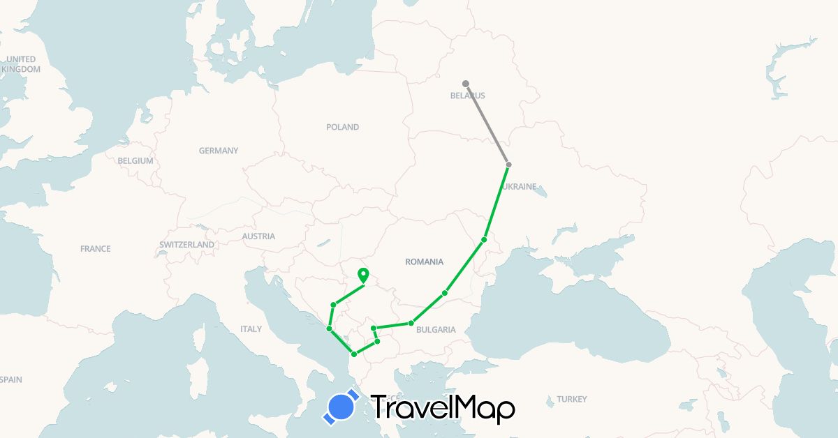 TravelMap itinerary: driving, bus, plane in Albania, Bosnia and Herzegovina, Bulgaria, Belarus, Croatia, Moldova, Macedonia, Romania, Serbia, Ukraine, Kosovo (Europe)